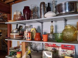Three Shelves Full of Vintage Pots, Pans, Tins, Vase, and More