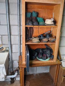 Set of Shelves and TV Stand with Contents Globes, Thinsulate, Shoes, Hat, Etc.&nbsp