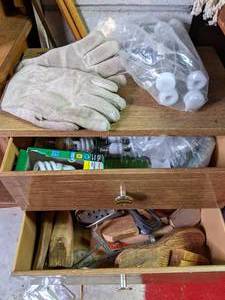 Four Shelf Cabinet with Paint Rollers, Work Gloves, Shoe Repair Supplies, Light Bulbs, Etc.&nbsp