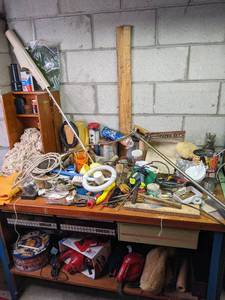 Work Bench Full of Contents Dirt Devil, Vintage, Hammer, Tools, Etc.&nbsp