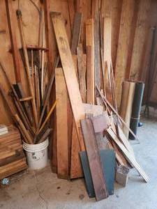 Assorted Wood in Various Shapes and Sizes and Pail Full of Misc. Items