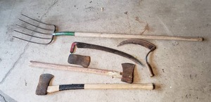 Assortment of Yard Tools Pitchfork, Axes, and More&nbsp