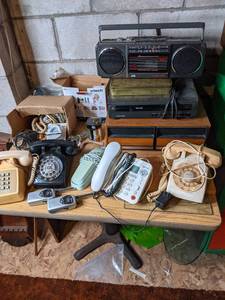 Collection of Vintage Electronics and Other Accessories JVC, Magnavox, Corded Phones, Walkie Talkies, VHS, and More