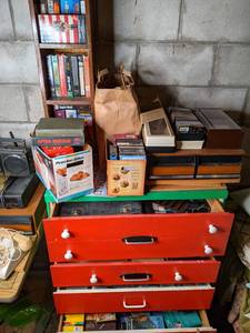 Large Vintage Painted Wood 4-Drawer Dresser and Shelf, DVDs, and All the VHS Tapes