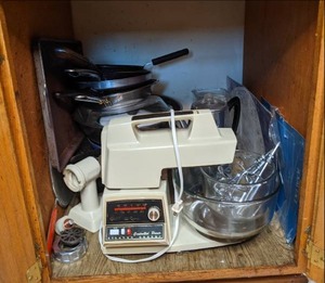 Large Cupboard of Vintage Kitchen Necessities Oster, Percolator, Pots and Pans, Toaster, PYREX, and More&nbsp