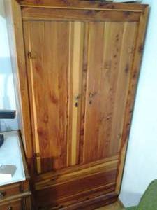 Tall Vintage Wood Wardrobe and Leather Clothing Travel Bag