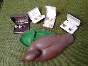 Adorable Duck Jewelry Box and Assorted Collection of Cufflinks Four Leaf Clover, Monogramed R, Tie Pin, Etc.&nbsp