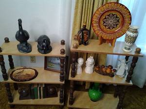 Set of (2) Matching Vintage Wood Display Shelves and All Contents Ukrainian Art, Hand Crafted Pieces, and More