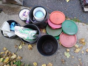 Bundle of 5-Gallon Buckets and Contents Plastic Covering, Ice Melt, Sand, and Others&nbsp