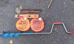 Ice Fishing Essentials Manual Auger, Magical Hot Seats, Scoops, Tip-Up