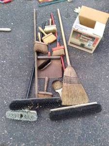 Assorted Wood-Handle Brooms and Vintage Dustpan&nbsp