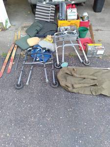 Eclectic Assortment from the Garage Bullet Skis, Walkers, Seat Cushions, Military, and More&nbsp