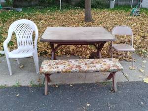 Rustic 4ft Vintage Wood Outdoor Dining Table, Plastic Cutting Board, and More&nbsp