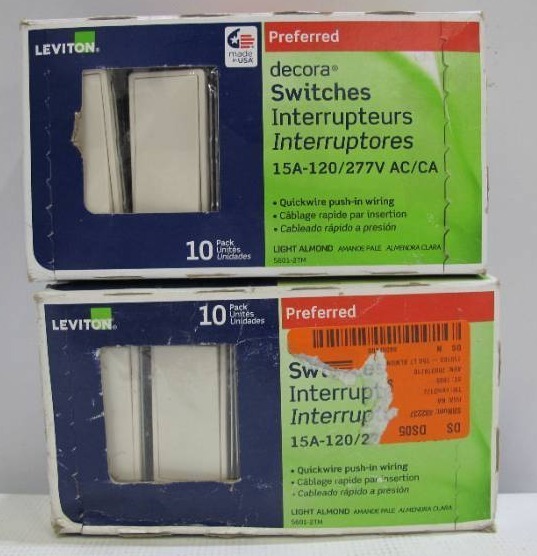 lot 803 image: 2-Pack Leviton Decora 15 Amp Single-Pole AC Quiet Switch, Light Almond (20 pieces)
