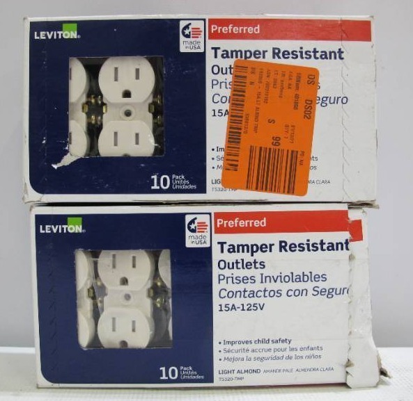 lot 808 image: 2-Pack Leviton 15 Amp Tamper-Resistant Duplex Outlet, Light Almond (20 Pieces)