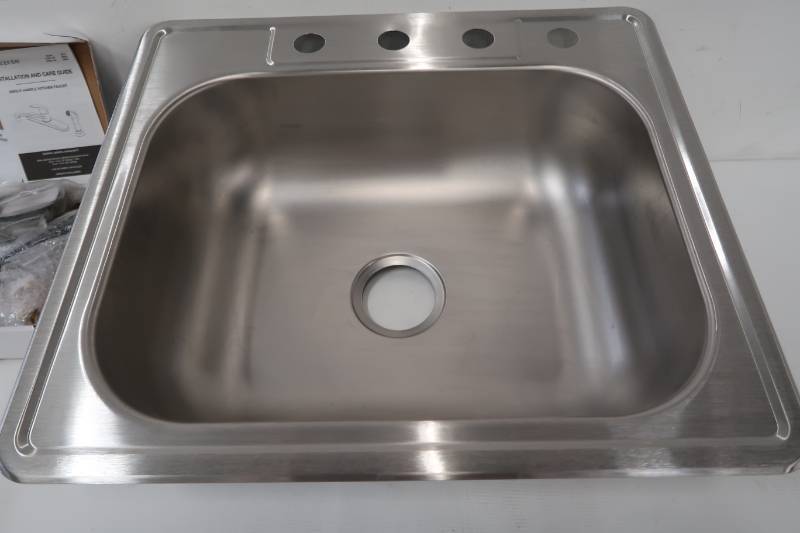 lot 822 image: Glacier Bay All-in-One Drop-In Stainless Steel 25 in. 4-Hole Single Bowl Kitchen Sink HDSB252274LFR
