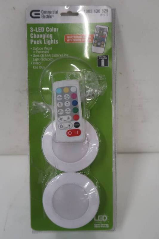 lot 828 image: Commercial Electric Remote Control 3.11 in. LED White Color Changing Puck Light (2 Pack) H-86RF-RGB-3PK