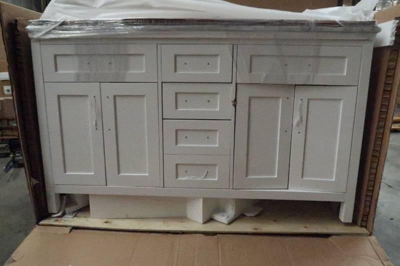 lot 118 image: Home Decorators Collection Santa Monica 60 in. W x 21 in. D Vanity in White with Marble Vanity Top in White with White Basins