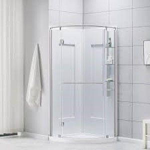 lot 730 image: Glacier Bay Glamour 34 in. x 76.40 in. Corner Drain Corner Shower Kit in Satin Nickel and White