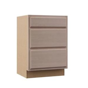 lot 714 image: Hampton Bay Hampton Unfinished Beech Recessed Panel Stock Assembled Base Kitchen Cabinet w 3 Drawers (24 in. x 34.5 in. x 24 in.)