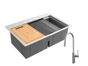 lot 715 image: Glacier Bay All-in-One Drop-In SS 33 in. 4-Hole 5050 Double Bowl Workstation Sink w Faucet & Accessories Kit