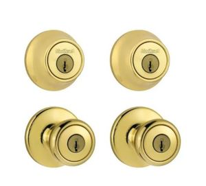 lot 742 image: Kwikset Tylo Polished Brass Exterior Entry Door Knob and Single Cylinder Deadbolt Project Pack