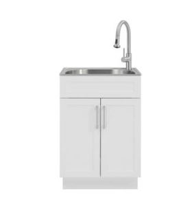 lot 753 image: Glacier Bay All-In-One 24 In. x 21 In. x 35 In. Stainless Steel Laundry Sink With Faucet And Storage Cabinet