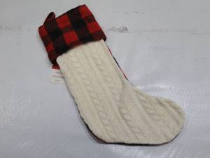 lot 936 image: HALLMARK Christmas Knit Stocking with Plaid Cuff Color WhiteBlackRed