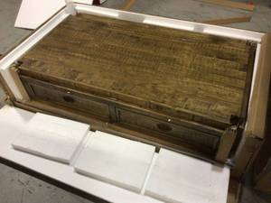 lot 107 image: Monterey 50 in. Reclaimed Natural Large Rectangle Wood Coffee Table with Drawers by Martin Svensson Home Customer Returns See Pictures