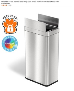 iTouchless 18 Gal. Stainless Steel Wings Open Sensor Trash Can with AbsorbX Odor Filter and PetGuard. See Pictures