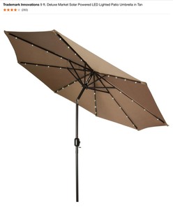 Trademark Innovations 9 ft. Deluxe Market Solar Powered LED Lighted Patio Umbrella in Tan & 50 lb. Umbrella Base in Black. See Pictures