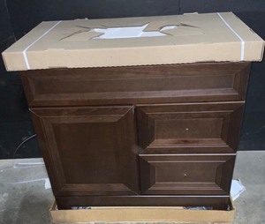 Home Decorators Collection Sedgewood 36-12 in. Configurable Bath Vanity in Dark Cognac with Solid Surface Top in Arctic with White Sink. See Pictures