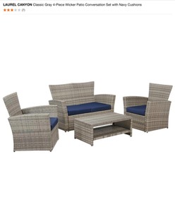 LAUREL CANYON Classic Gray 4-Piece Wicker Patio Conversation Set with Navy Cushions. See Pictures