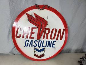 lot 147 image: New Handmade Recycled Metal Chevron Gasoline Hanging Sign