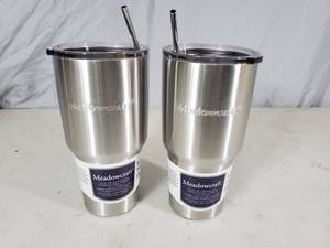 lot 205 image: 2 New MeadowCraft Stainless Steel Tumblers with Metal Straws