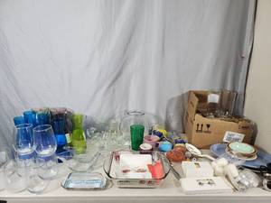 lot 245 image: New Fire King Baking Dish, New Anchor Hocking Drinking Glasses, and Much More