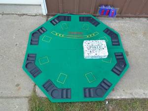 Used casino table topper & poker cardchip set with carry bag. As shown.