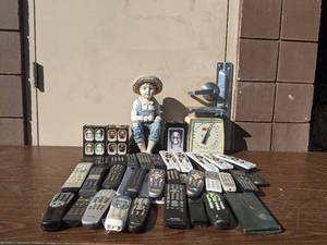 lot 01 image: Television Remotes, scale, ceramic lawn statue Bundle