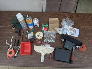 lot 18 image: Garage Bundle-Reflective Tape, GM Lubricant, Texture Spray Paint, Thinsulate Work Gloves, Nuts, Bolts and Hooks, And More