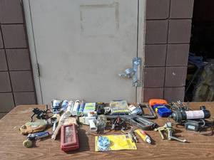 lot 05 image: All-Purpose Hardware and Fishing Supply Bundle- Shakespeare Ball Bearing Fishing Line, Screws & Anchors, Shakespeare 240 yard Fishing Reel, Locks with Keys,Heavy-Duty Tape Dispenser, And more