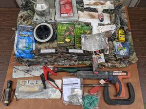 lot 43 image: Hunting and Gathering Bundle-  Camouflage Tarp, Painter and Drywall Equipment, Gardening Tools, And More