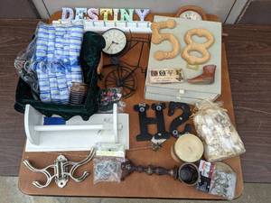 lot 46 image: Decorative Craft Bundle Unpainted Wooden Letters, Destiny Hook, Small Shelf, Clocks And More