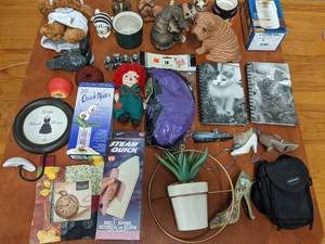 lot 26 image: Collectible Home Decor Bundle-Vintage Cat and Dog Figurines, Vintage Decorative Shoe,s Vintage Raggedy Andy and More 