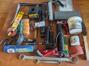 lot 34 image: Tool Bundle- Grease Guns, Wire Brushes, Wrenches, Tools and More
