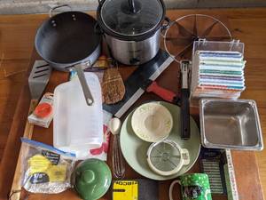 lot 35 image: Kitchen Bundle- Apple Corer, Cat Mug, Crop Pot, Recipes, Whisk, Plates and More