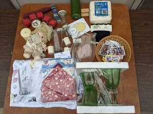 lot 48 image: Lets Drink to Crafts Bundle- Green Bubble Glass Goblets, Glass Pitcher, Celluclay, Precious Moments Doll,  Vintage Baseball Cards, Candles and More