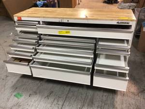 72 in. 18-Drawer Mobile Workbench with Solid Wood Top in Gloss White by Husky Dented Damaged on Back See Pictures