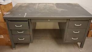 Gray Six Drawer Desk & One Middle Pencil Drawer W Dividers--Electric Memorex Portable Boombox W AMFM Radio--CRT Grande Tools Band Saw Blade