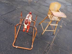 lot 27 image: Vintage Rocking bouncy Horse and Wood Highchair