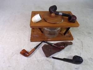 lot 46 image: Lot of 6 Vintage Pipes with Tobacco Jar Stand